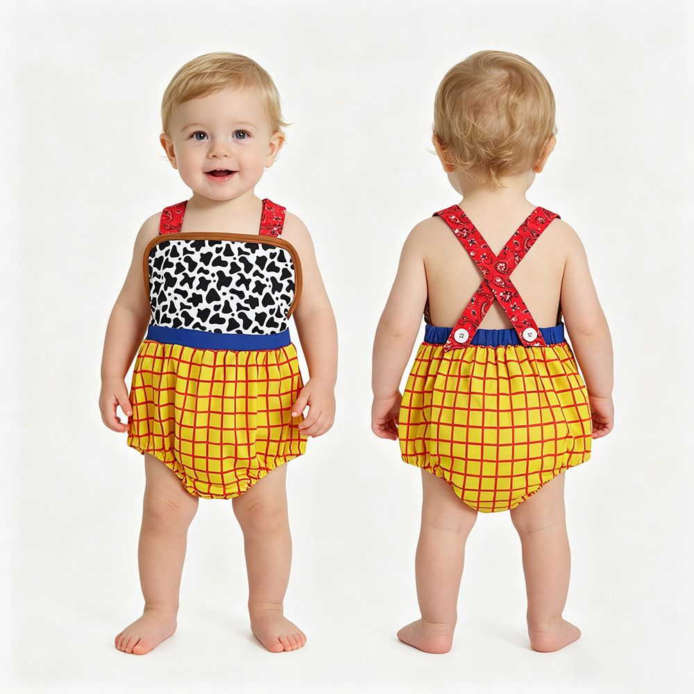 SR4114 Cartoon Toy Cow Plaid Print Baby Boys Summer Backless Strap Romper