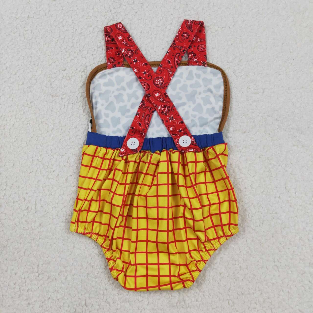 SR4114 Cartoon Toy Cow Plaid Print Baby Boys Summer Backless Strap Romper