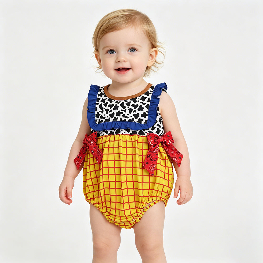 Cartoon Toy Cow Plaid Print Baby Summer Romper Sibling Matching Wear