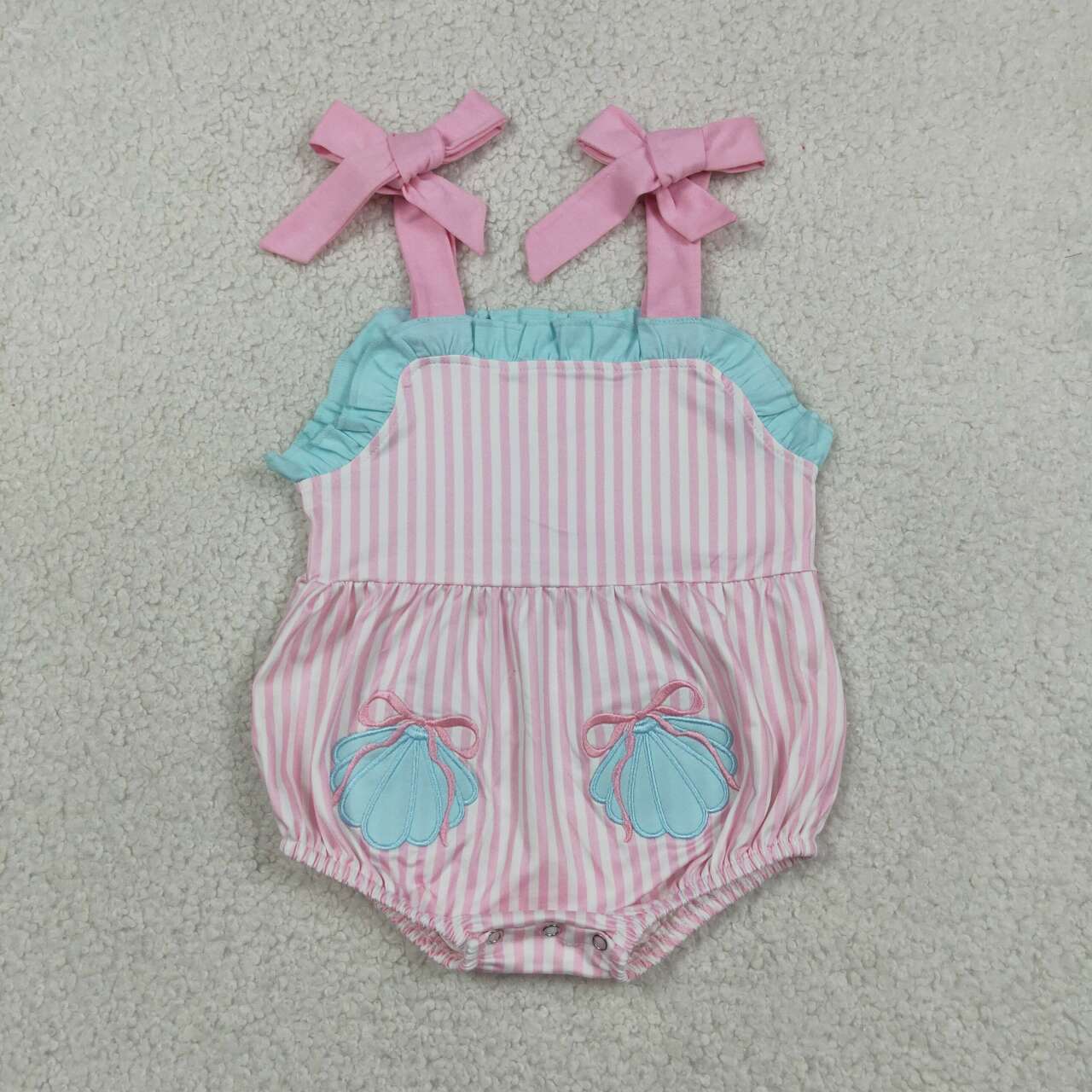 Sibling Matching Beach Outfit | Pink Stripe Shell Embroidery Dress & Romper Set