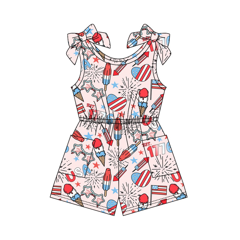 3.20 SR4129 Preorder Popsicle Stars USA Print Girls 4th of July Sleeveless Pockets Jumpsuits