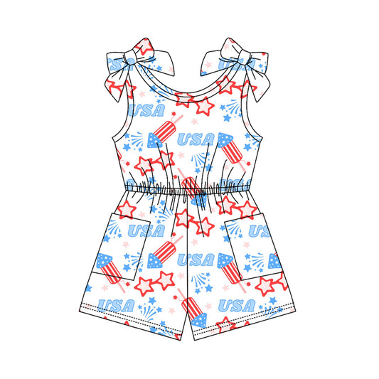 3.20 SR4131 Preorder Fireworks Stars USA Print Girls 4th of July Sleeveless Pockets Jumpsuits