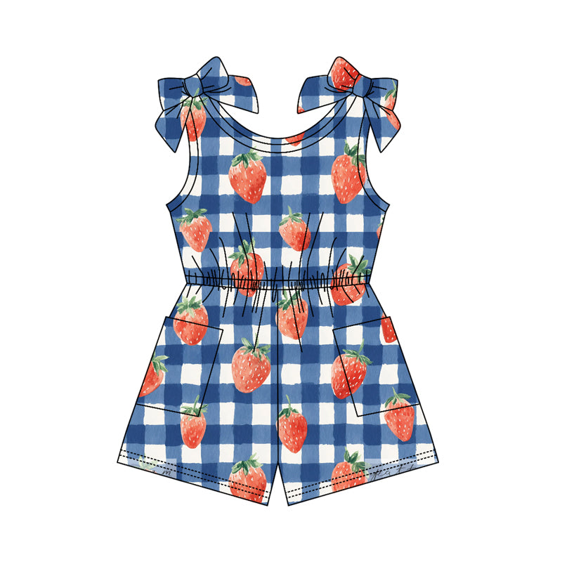3.20 SR4132 Preorder Strawberry Plaid Print Girls 4th of July Sleeveless Pockets Jumpsuits