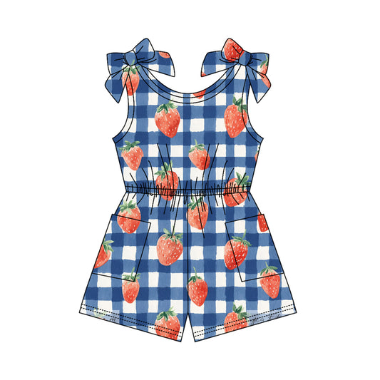 3.20 SR4132 Preorder Strawberry Plaid Print Girls 4th of July Sleeveless Pockets Jumpsuits