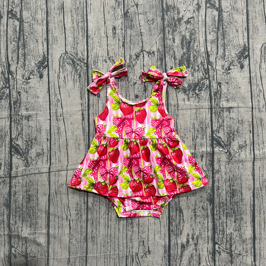 SR4134 Preorder Strawberry Bows Print Baby Girls Summer Strap Skirts Romper