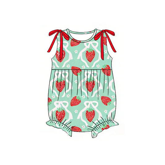 3.21 SR4138 Preorder Strawberry Bows Print Baby Girls Summer Sleeveless Romper