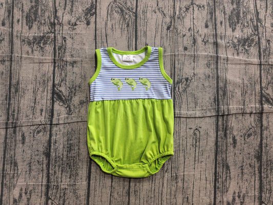 3.21 SR4139 Preorder Fish Stripes Green Print Baby Boys Summer Sleeveless Romper