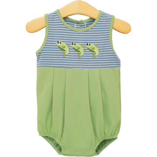 3.21 SR4139 Preorder Fish Stripes Green Print Baby Boys Summer Sleeveless Romper
