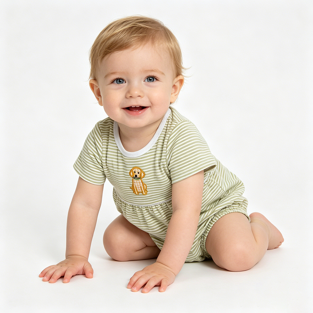 Puppy Embroidery Stripes Print Baby Boys Short Sleeve Romper