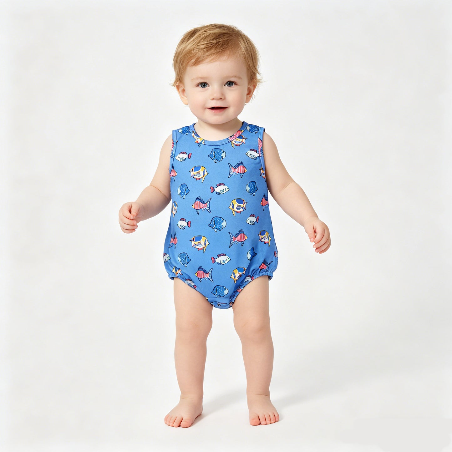 Fish Blue Print Baby Boys Sleeveless Bubble Romper