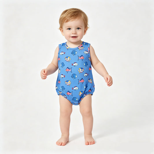 Fish Blue Print Baby Boys Sleeveless Bubble Romper