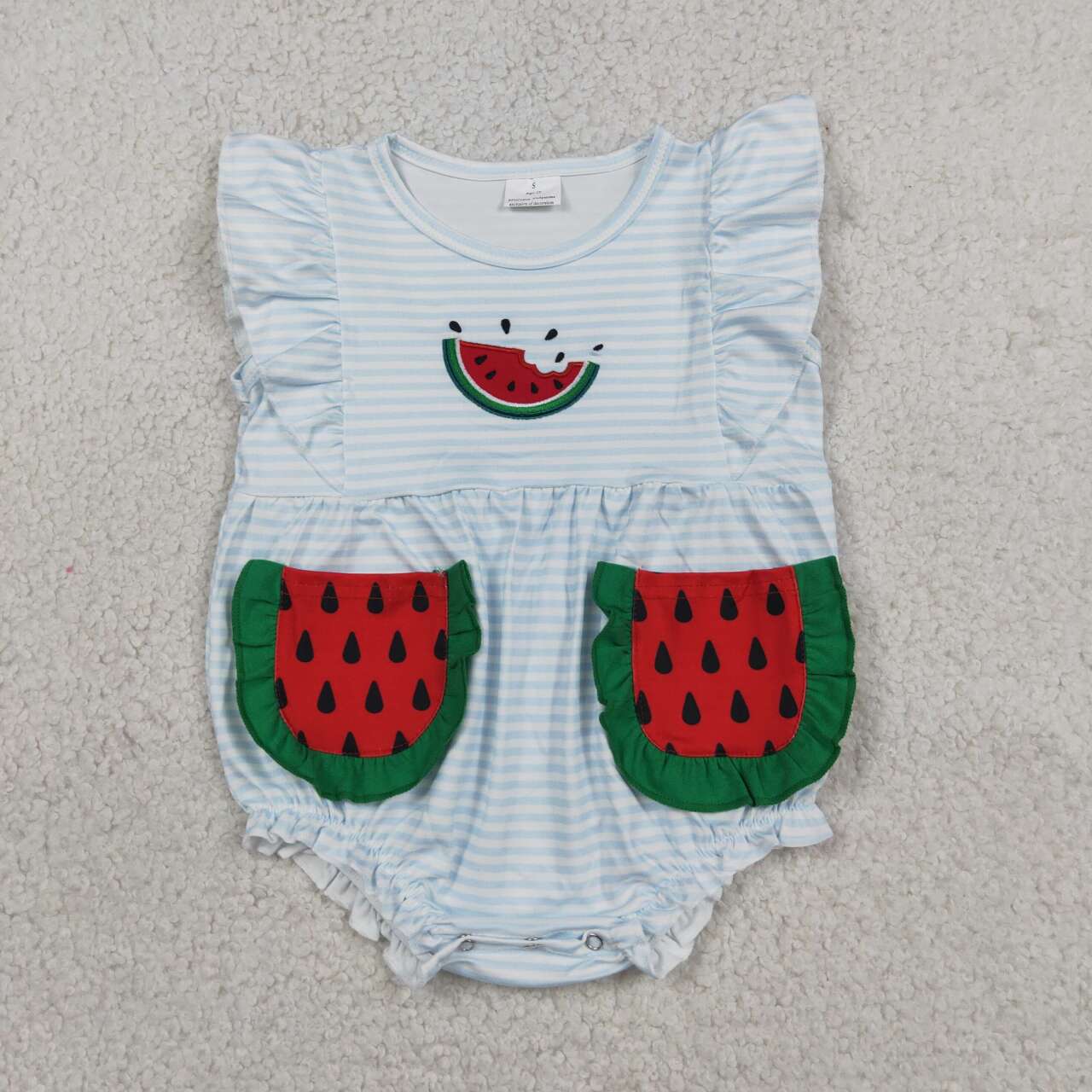 Watermelon Embroidery Blue Stripes Baby Girls Pockets Romper Outfits Sisters Summer Wear