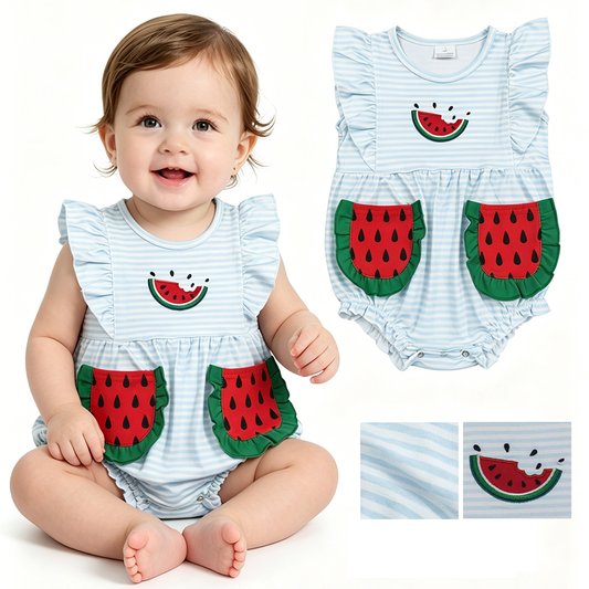 Watermelon Embroidery Blue Stripes Baby Girls Pockets Romper Outfits Sisters Summer Wear