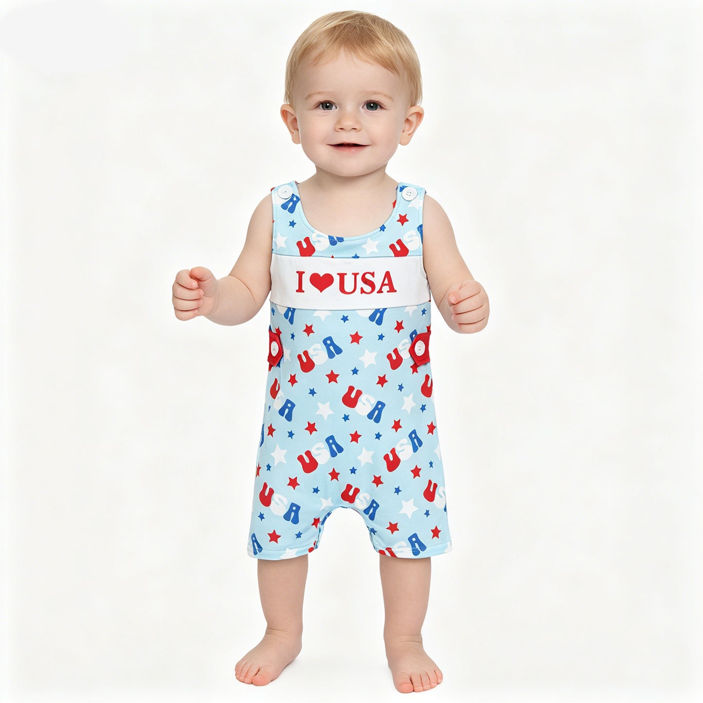 SR4155  I LOVE USA Stars Print Baby Boys Sleeveless Romper