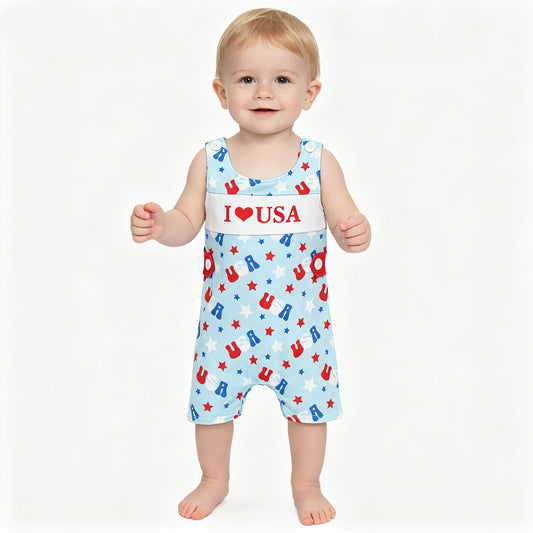 SR4155  I LOVE USA Stars Print Baby Boys Sleeveless Romper