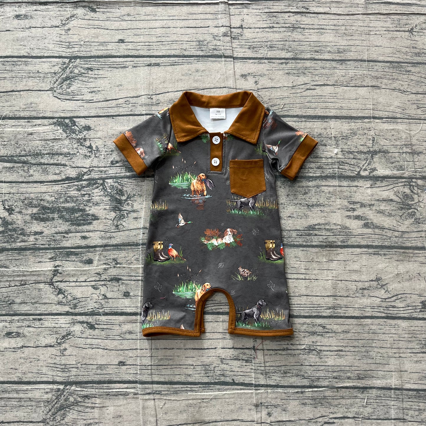 3.28 Baby Boys Hunting Dog Duck Short Sleeve Button Polo Romper Preorder