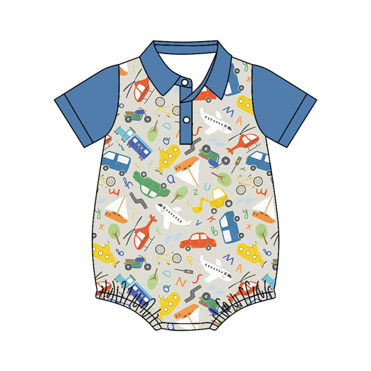 4.11 SR4179 Preorder Transportation Print Baby Boys Summer Romper