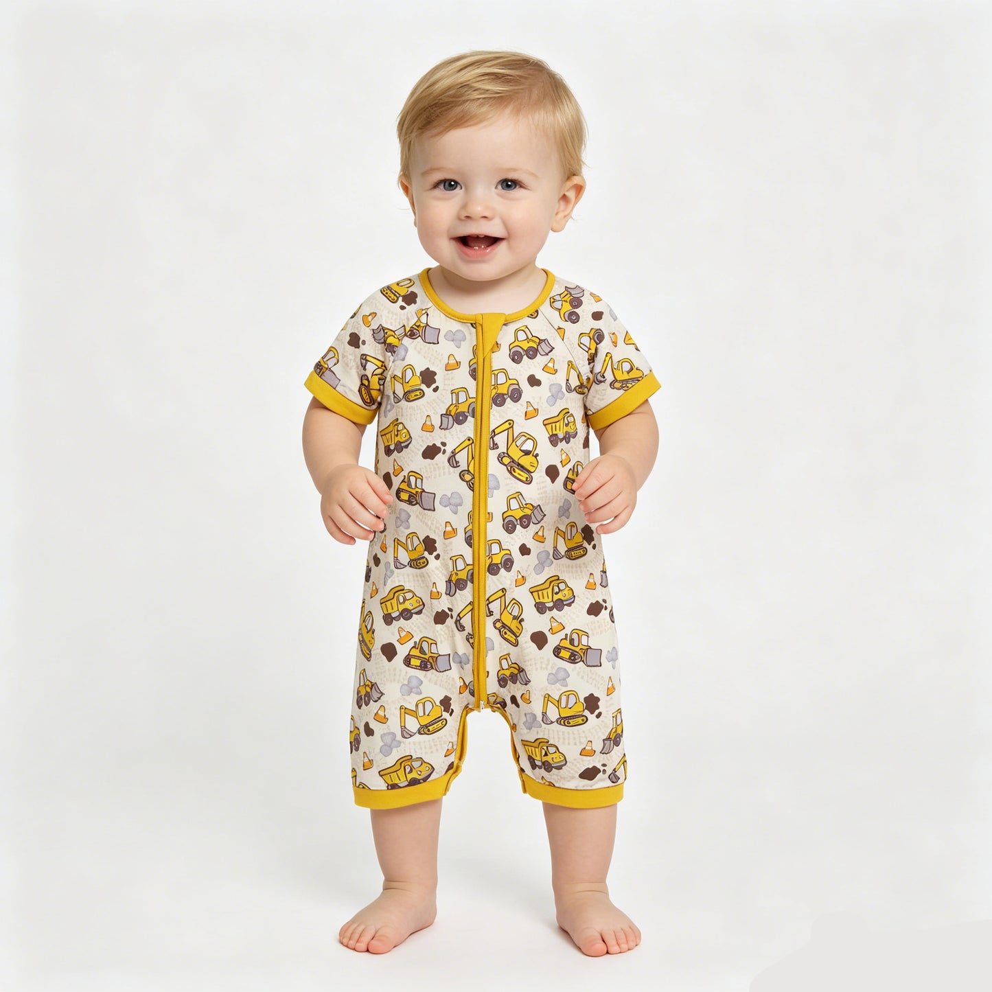 Construction Trucks Yellow Print Baby Boys Romper Polo Top Brothers Summer Wear