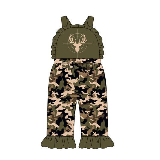 4.21 Toddler Girl Deer Hunting Overalls Camo Print Ruffle Hem Jumpsuit Preorder