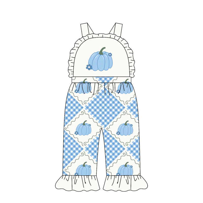 4.21 SR4218 Preorder Pumpkin Plaid Flowers Blue Baby Girls Strap Fall Jumpsuits