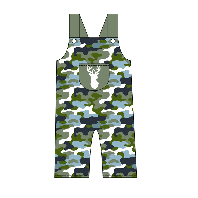 4.21 Toddler Boys Deer Print Overalls -Green Camo Ruffle Hem Jumpsuit Preorder
