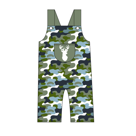4.21 Toddler Boys Deer Print Overalls -Green Camo Ruffle Hem Jumpsuit Preorder