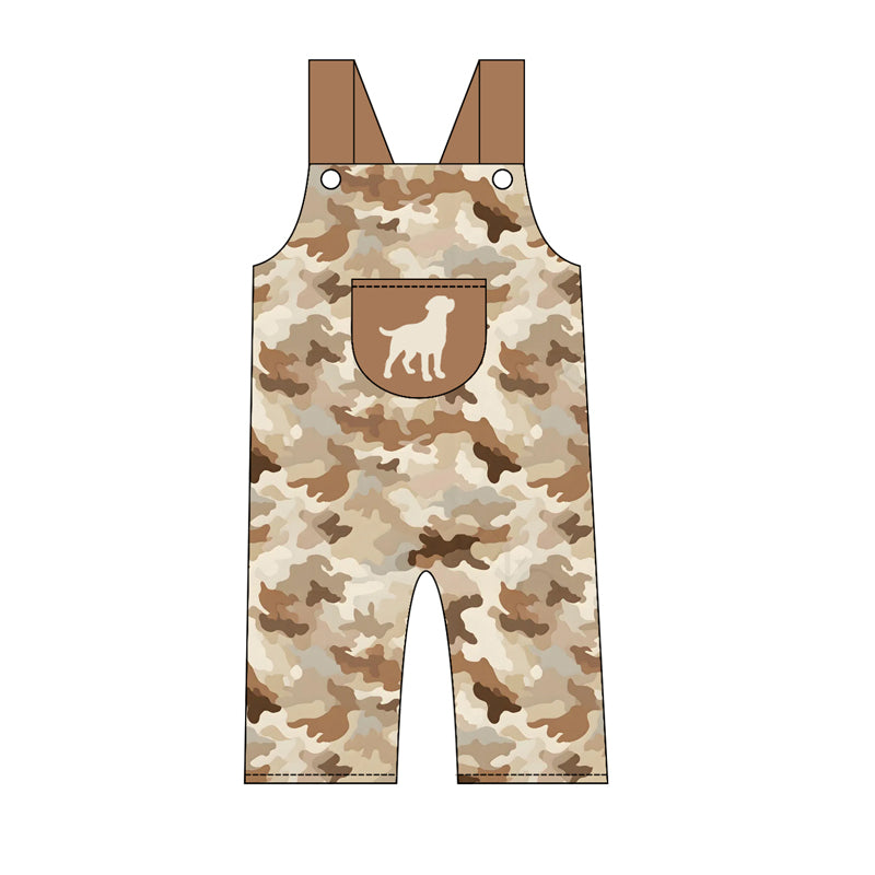 4.21 Toddler Boys Dog Hunting Tan Camo Print Ruffle Overalls