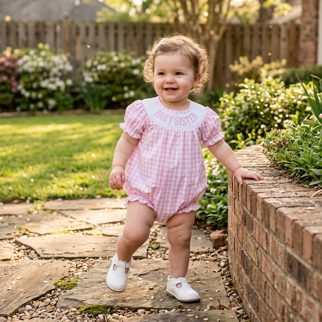 SR4230 Baby Sister Embroidery Pink Checkered Print Baby Girls Smocked Bubble Romper