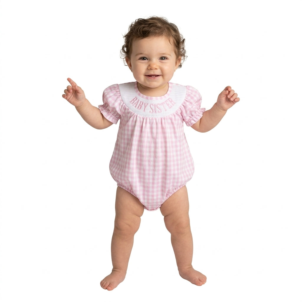 SR4230 Baby Sister Embroidery Pink Checkered Print Baby Girls Smocked Bubble Romper