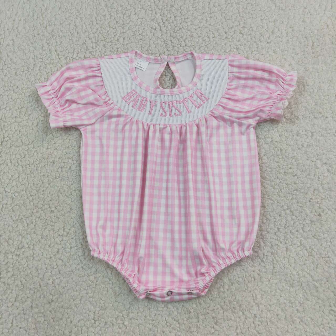 SR4230 Baby Sister Embroidery Pink Checkered Print Baby Girls Smocked Bubble Romper