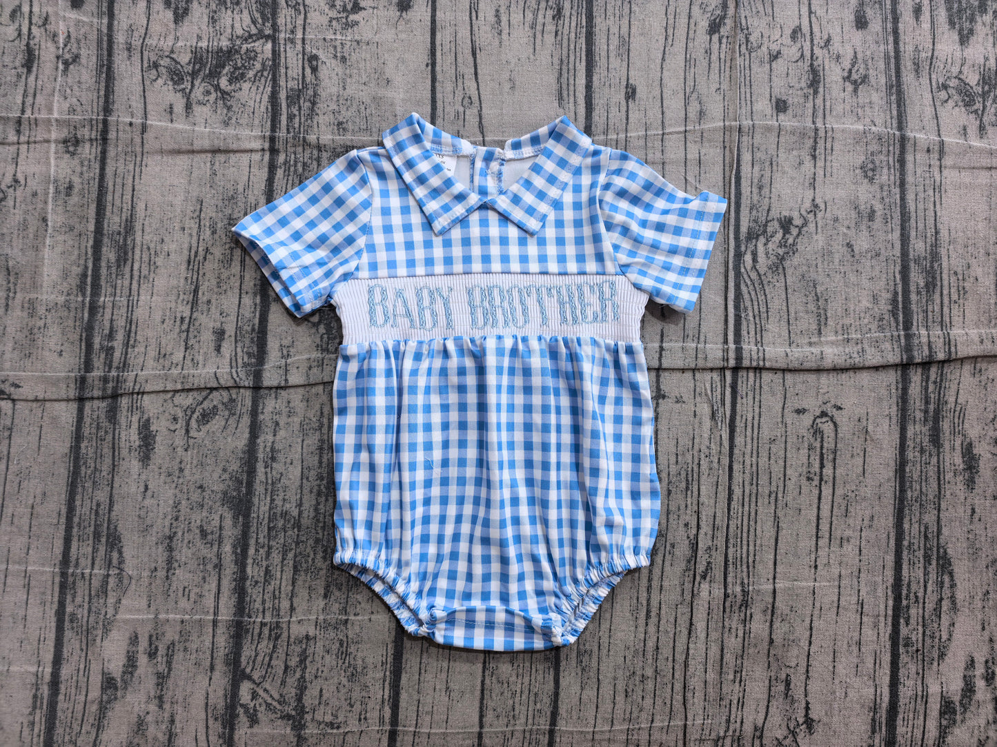 Baby Brother Smocked Blue Gingham Short Sleeve Bubble Romper Preorder