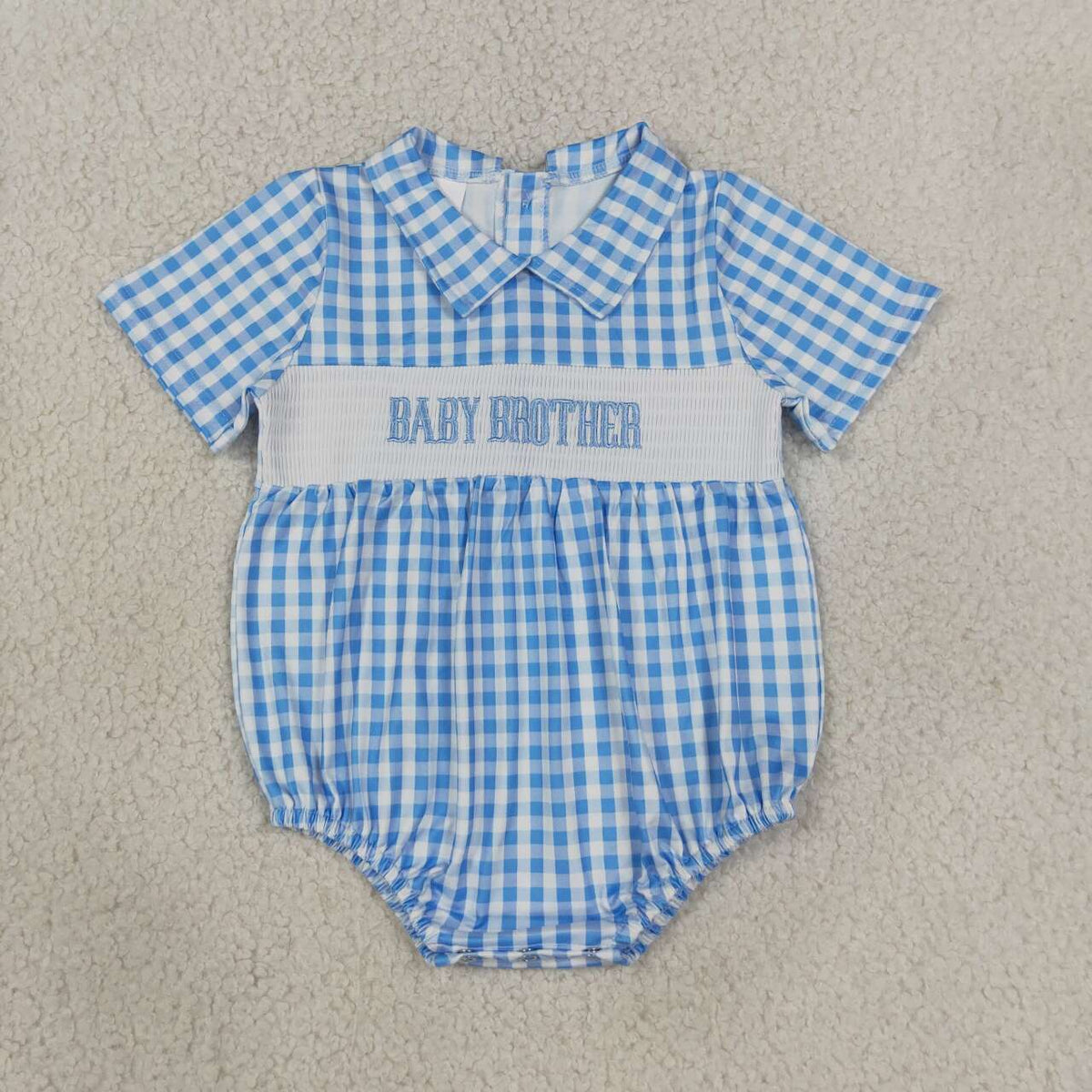 SR4231 Baby Brother Embroidery Blue Checkered Baby Boys Summer Buttons Smocked Romper