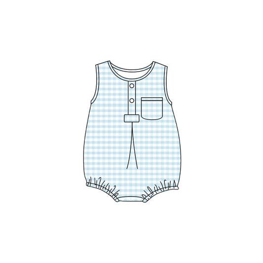 4.24 Baby Boy Light Blye Gingham Sleeveless Bubble Romper With Pocket Preorder