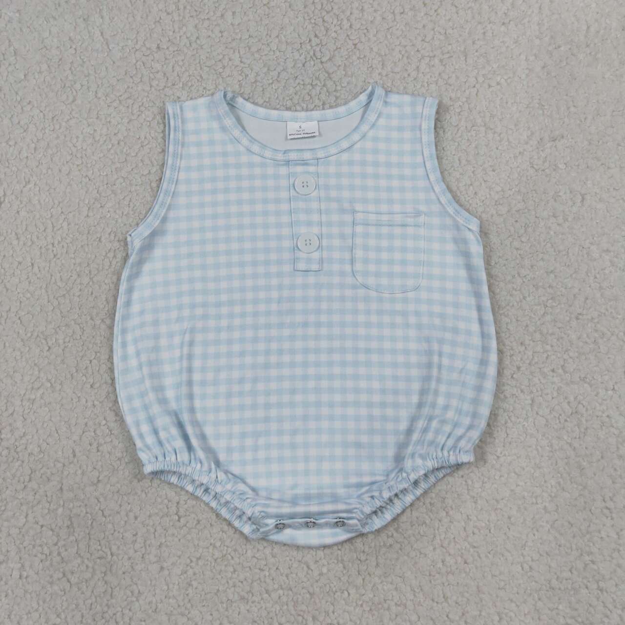 SR4232 Blue Checkerd Baby Boys Sleeveless Bubble Pocket Romper