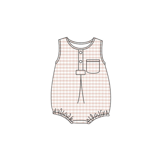 4.24 Baby Boy Khaki Gingham Sleeveless Bubble Romper With Pocket Preorder