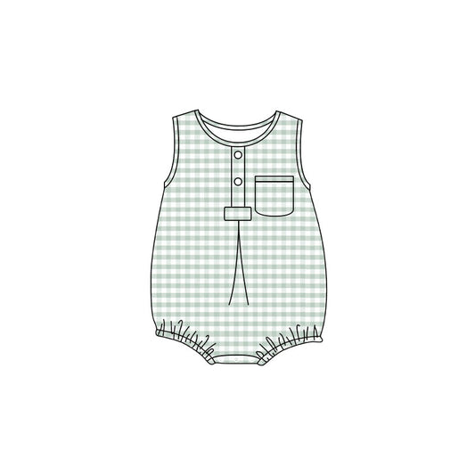 4.24 Baby Boy Green Gingham Sleeveless Bubble Romper With Pocket Preorder