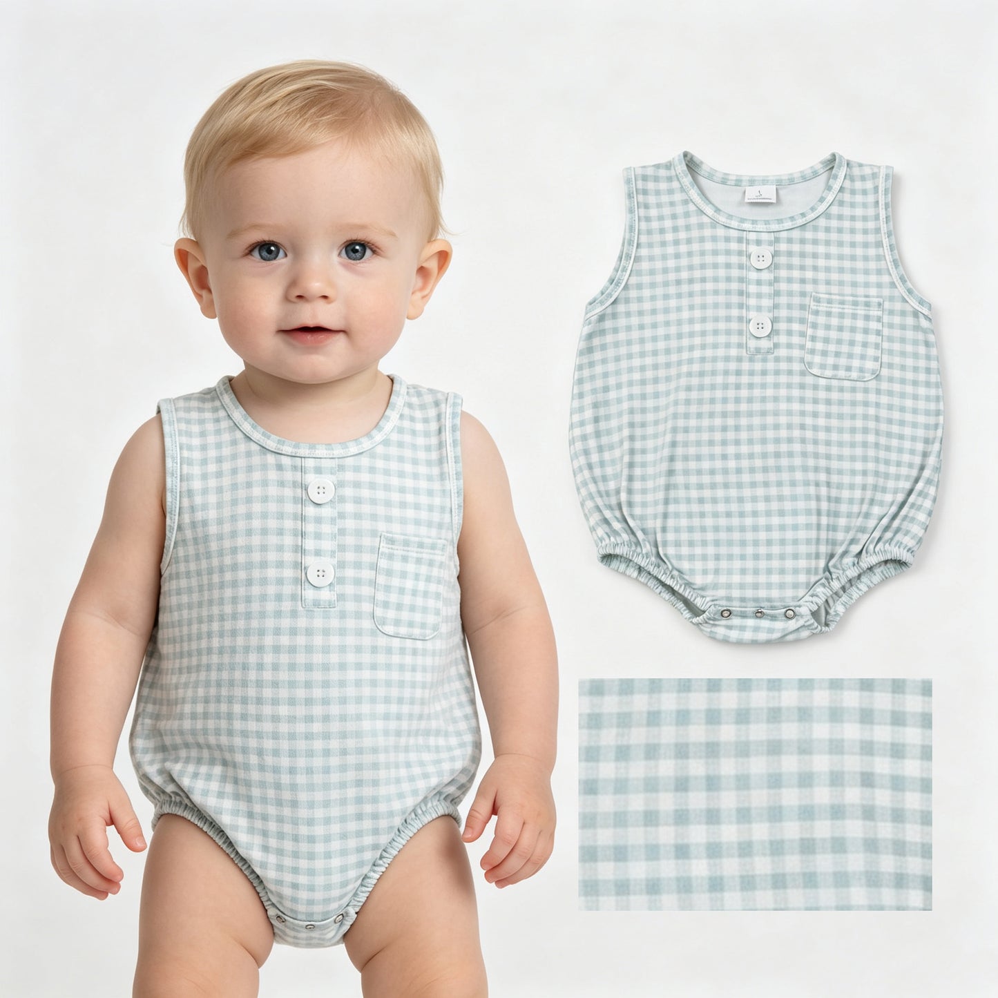 SR4234 Light Green Checkerd Baby Boys Sleeveless Bubble Pocket Romper