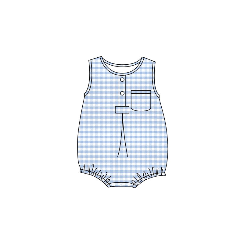 4.24 Baby Boy Blue Gingham Sleeveless Bubble Romper With Pocket Preorder