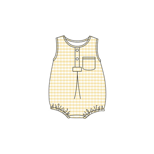 4.24 Baby Boy Yellow Gingham Sleeveless Bubble Romper With Pocket Preorder