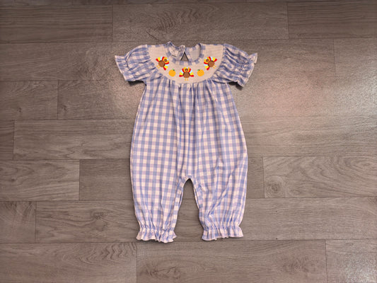 6.18 Preorder SR4276 Turkey Pumpkin Blue Plaid Print Baby Thanksgiving Romper