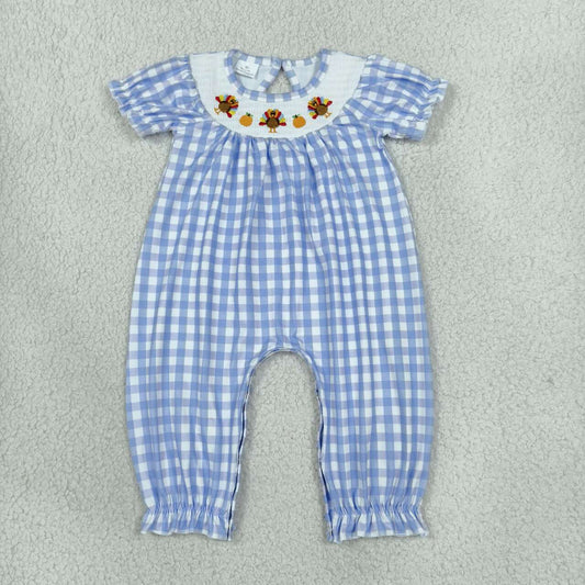 SR4276 Turkey Pumpkin Embroidery Blue Checkered Print Baby Girls Thanksgiving Smocked Romper