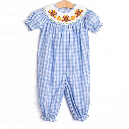 6.18 Preorder SR4276 Turkey Pumpkin Blue Plaid Print Baby Thanksgiving Romper