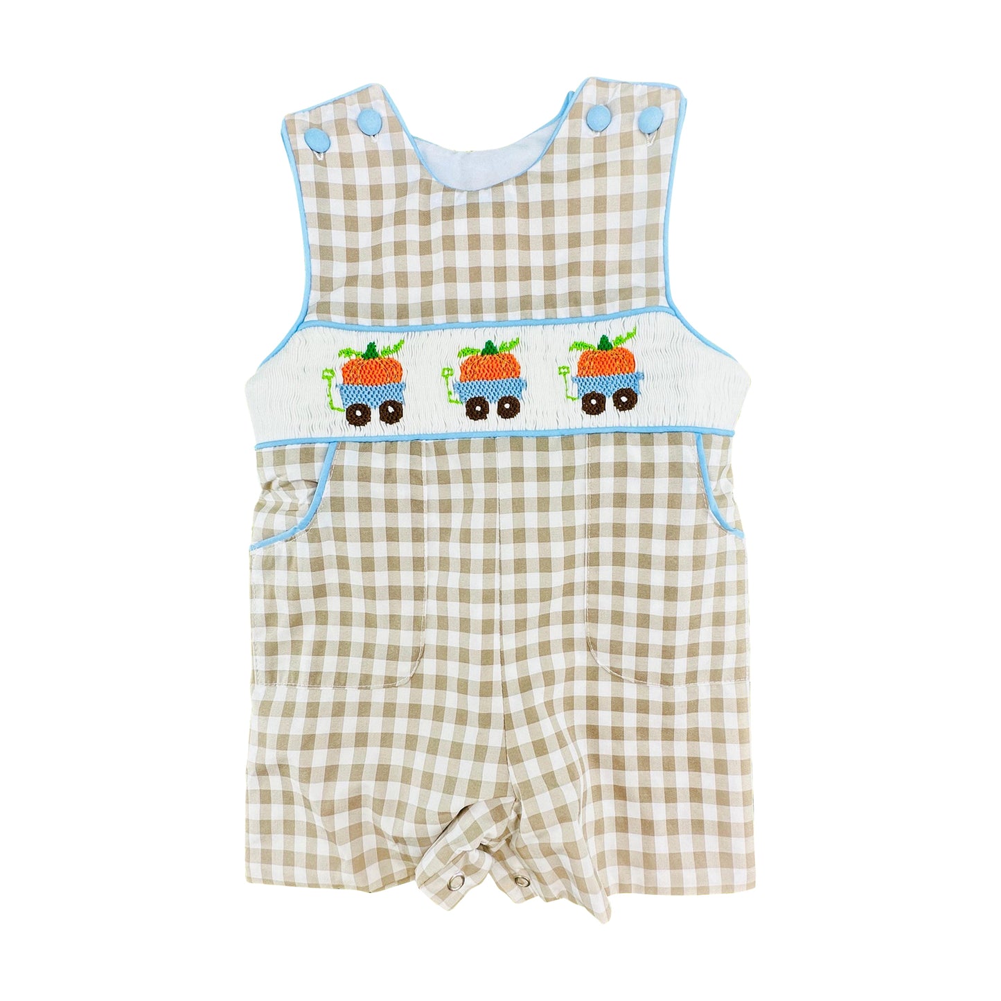 5.29   Preorder Baby Boys  Pumpkin Truck Gingham Romper