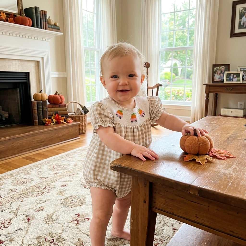 SR4280 Pumpkin Truck Embroidery Gingham Baby Girls Bubble Smocked Romper