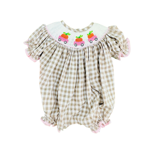 5.29   Preorder Baby Girls Pumpkin Truck Gingham Bubble Romper