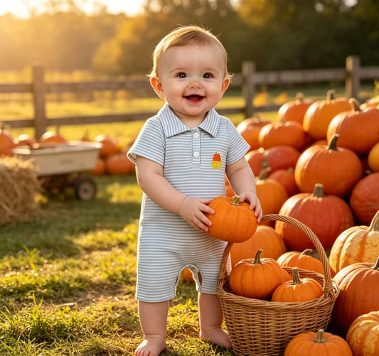 SR4281 Candy Corn Embroidery Blue Striped Baby Boys Halloween Short Sleeve Polo Shirt Romper