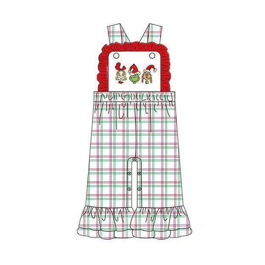 6.29 SR4282 Preorder Green Frog Plaid Baby Girls Strap Christmas Jumpsuits