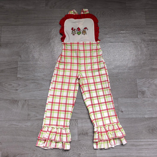 6.29 SR4282 Preorder Green Frog Plaid Baby Girls Strap Christmas Jumpsuits