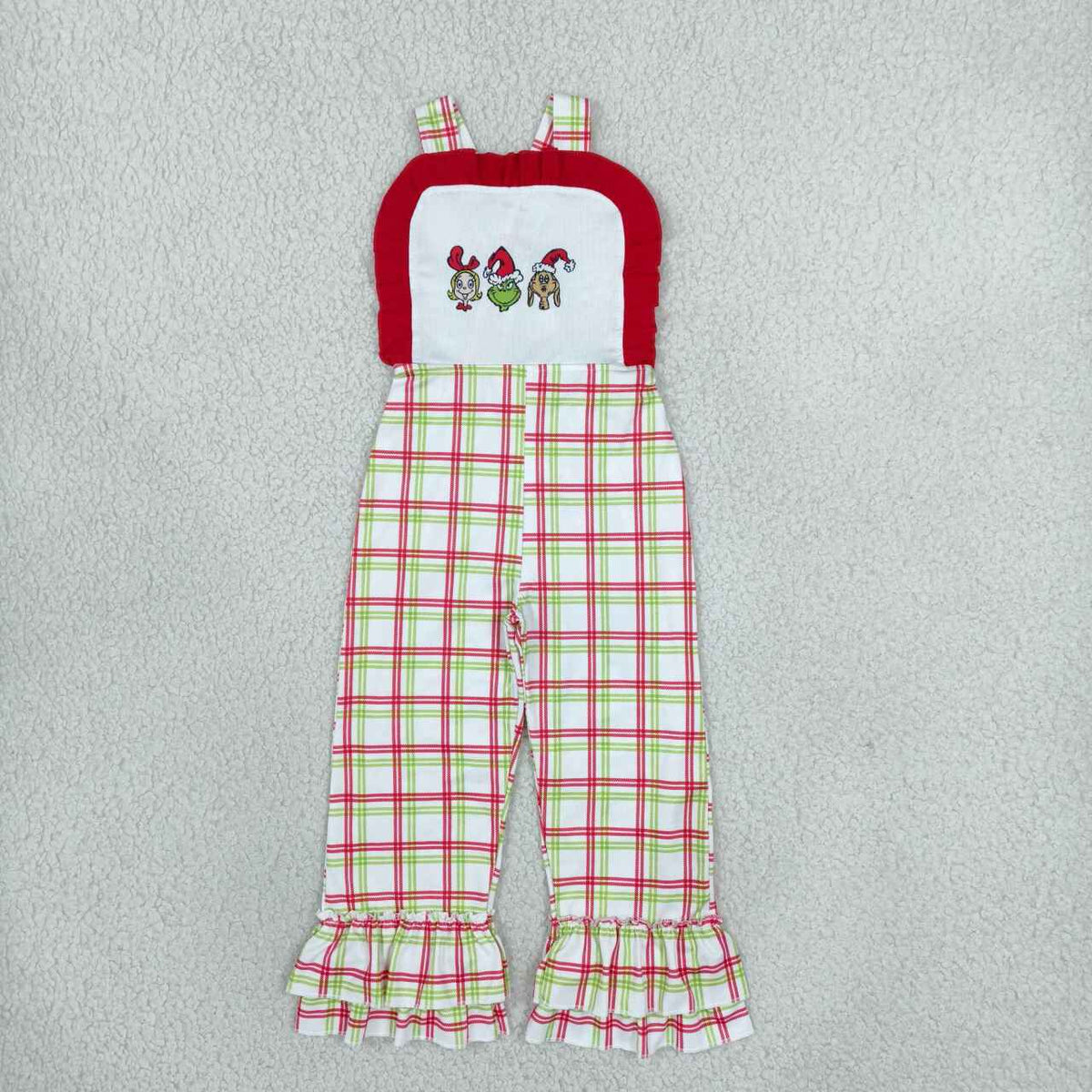 SR4282 Green Frog Embroidery Checkered Print Baby Girls Strap Christmas Jumpsuits