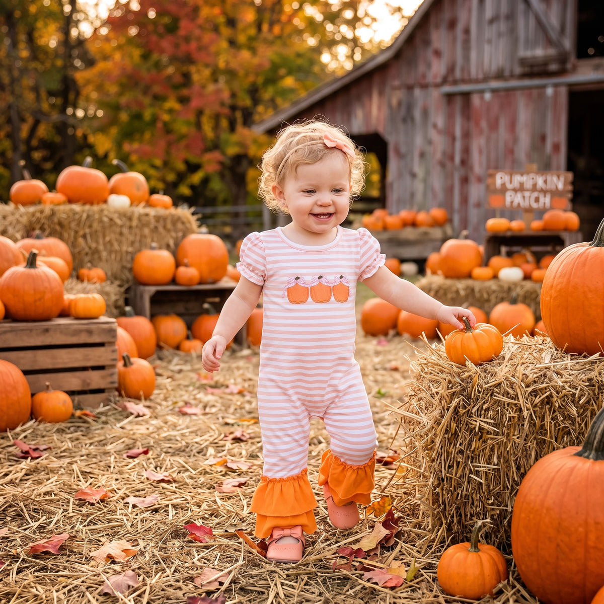 SR4284 Pumpkin Embroidery Pink Stripes Print Baby Girls Fall Ruffle Romper